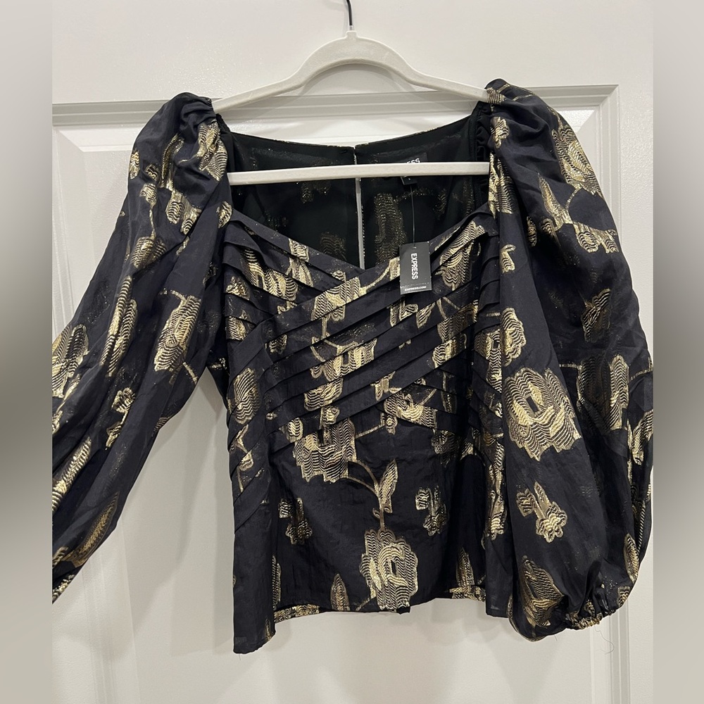 Express Black and Gold Fitted Blouse with Puff Sleeves